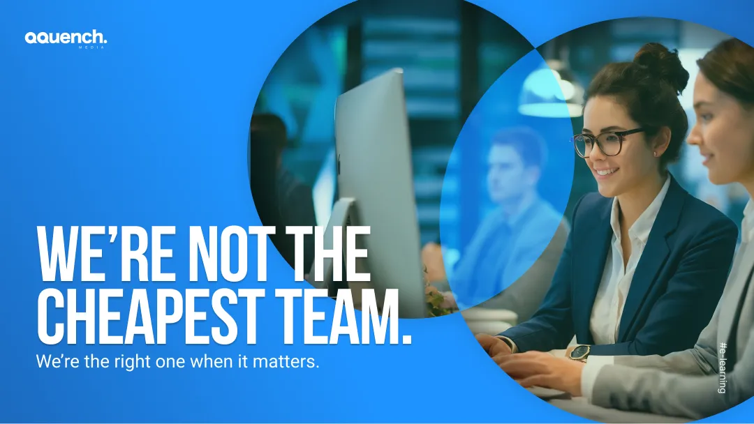 collaborating on eLearning content at desktop workstation. Banner states: 'We’re not the cheapest team — we’re the right one when it matters.' Ideal for premium instructional design, custom learning solutions, and enterprise eLearning development.